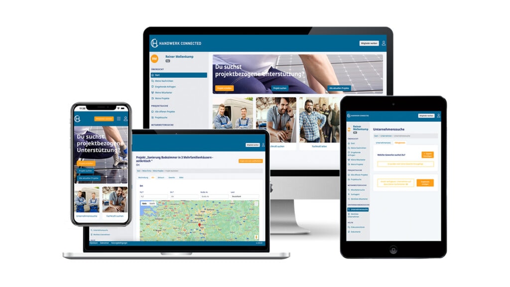 Das Bild zeigt die App/Plattform Handwerk Connected auf verschiedenen Geräten - vom Computer bis zum Smartphone.