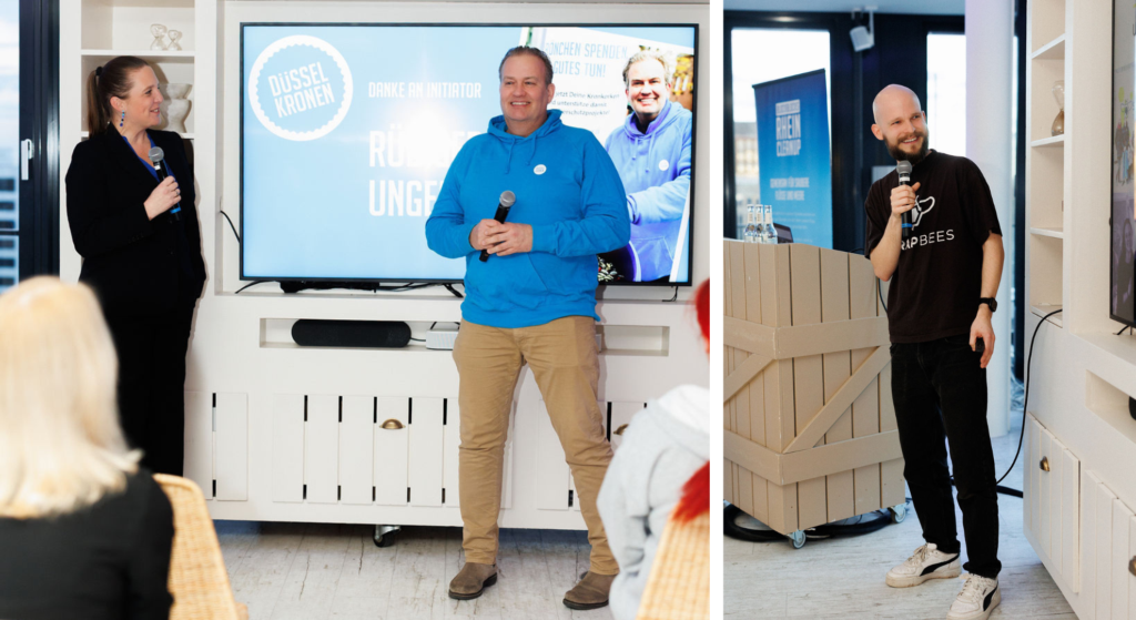 Das Bild zeigt Victoria Blocksdorf, Rüdiger Unger und Tim Prang von den SchrottBienen bei der Veranstaltung zur Übergabe des Spendenschecks.